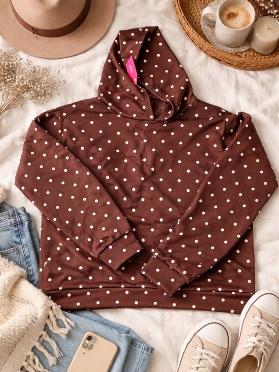 Edikted Tops - Edikted Brown Polka Dot Hoodie Medium Y2K Coquette Bow Graphic Oversized Cozy